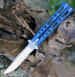 Bear & Son 117BL Butterfly Knife, 4" Stainless Plain Blade, Blue Metal Alloy Handle