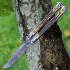 Bear & Son India Stag Bone Butterfly 517D, 3.5" High Definition Damascus Plain Blade, Brown Genuine India Stag Bone Handles