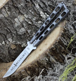 Bear & Son Cutlery 30th Anniversary Butterfly Knife ANN114 , 4.25" 440 Satin Embellished Blade, Silver Vein Handle