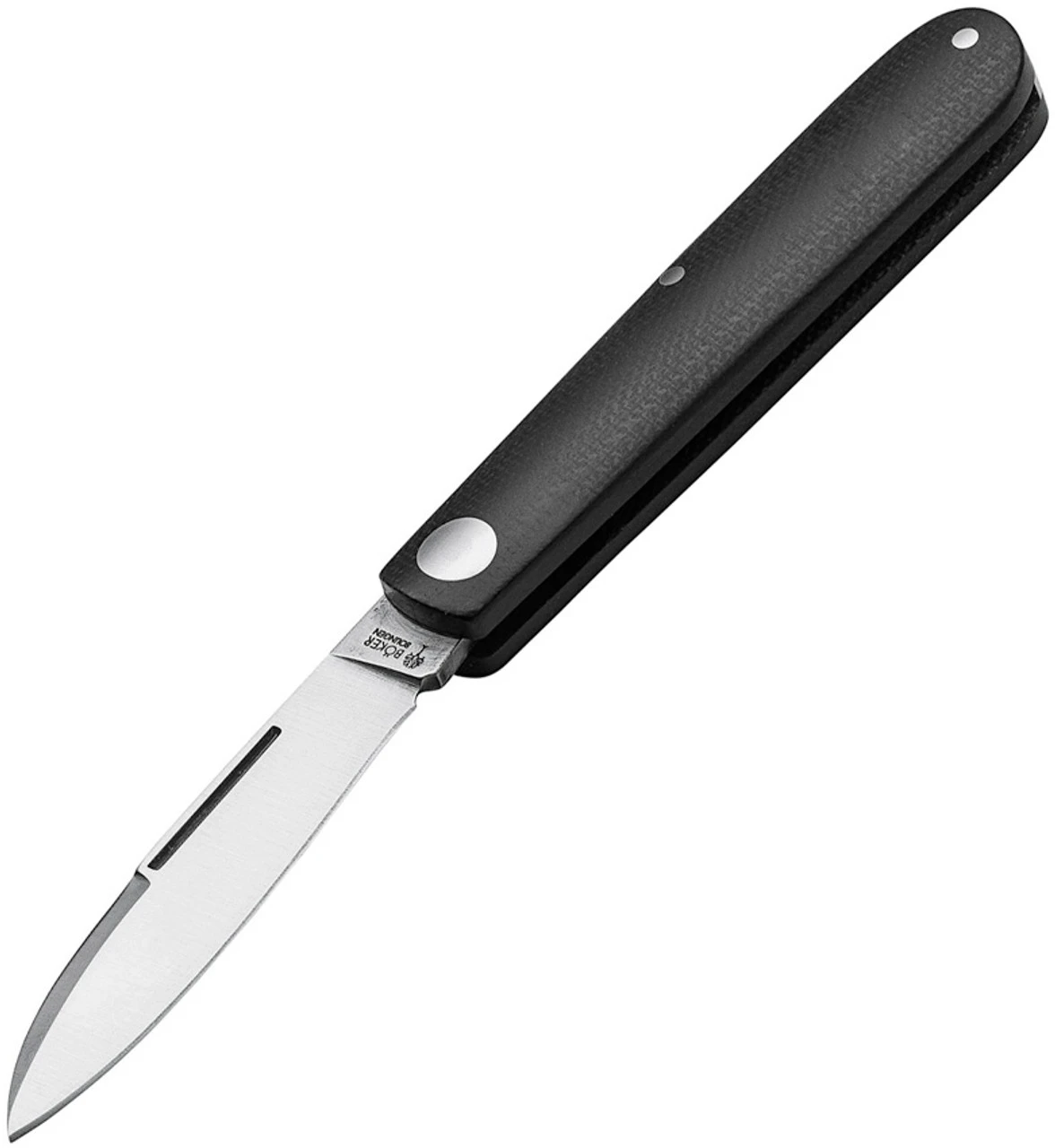 Boker Solingen Prime Barlow 116942, 2.72" N690 Stainless Steel Satin Plain Blade, Black Micarta Handles