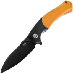 Bestech Knives Penguin Flipper Knife BG32D, 3.6" D2 Black Stonewashed Plain Blade, Black & Orange G-10 Handle
