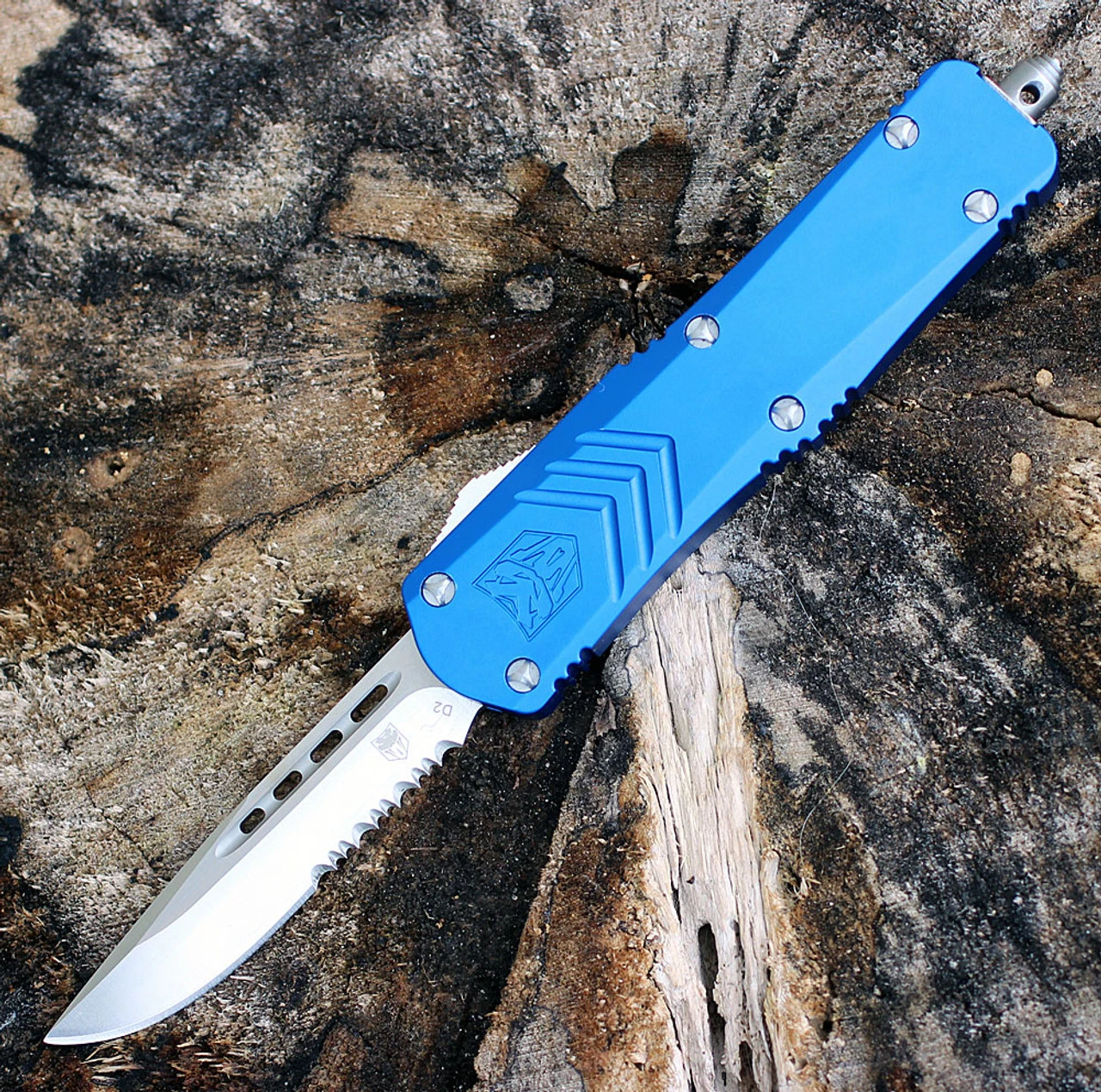 CobraTec Blue FS-X OTF Knife CTKMBLUFS-XMDS, 3" D2 Steel Drop Point Serrated Blade, Blue Aluminum Handle