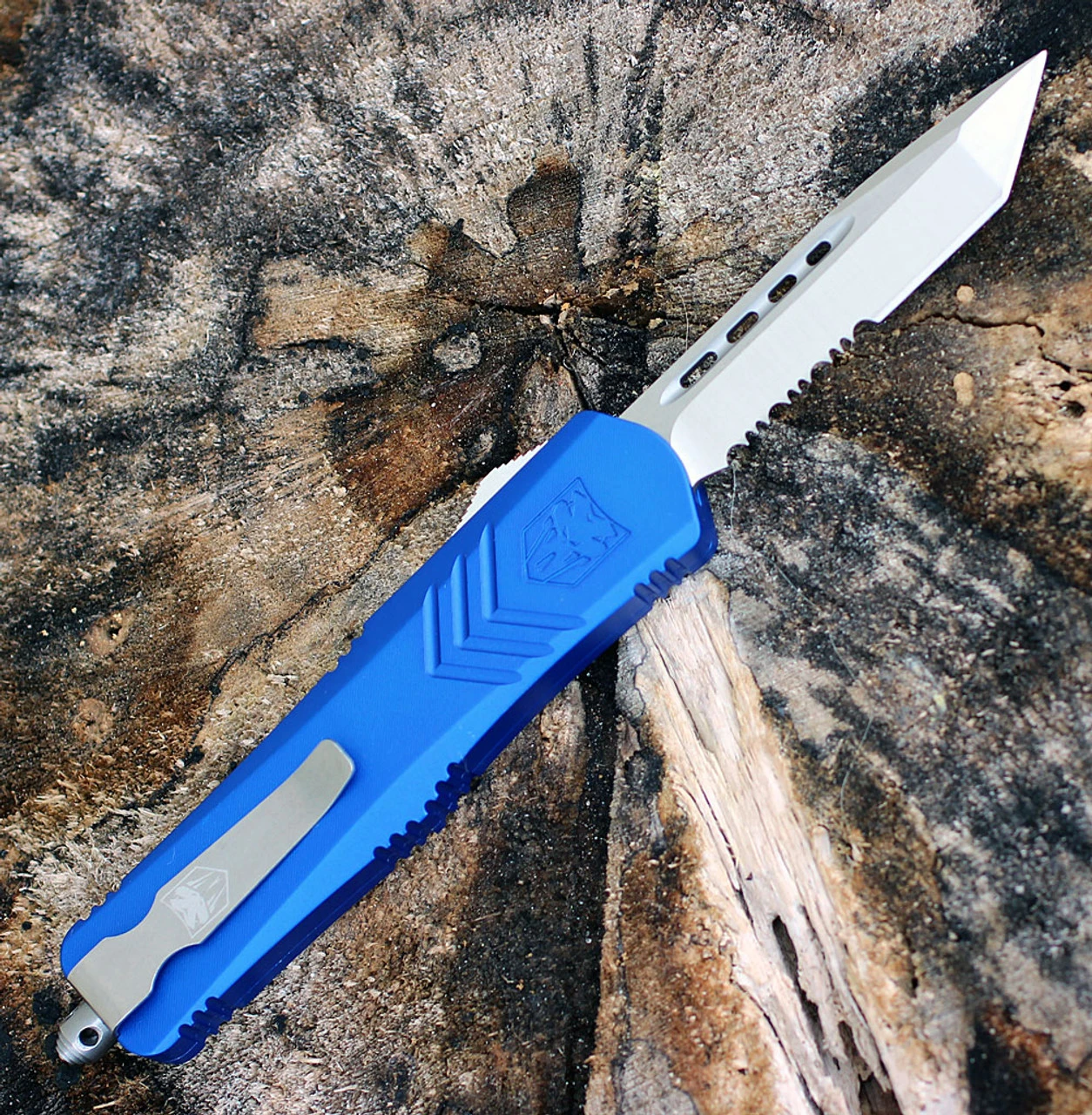 CobraTec Blue FS-X OTF Knife CTKMBLUFS-XMTS, 3" D2 Steel Tanto Serrated Blade, Blue Aluminum Handle - Image 2