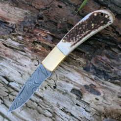 Damascus 1168 Lockback, 3.25" Damascus Plain Blade, Stag Bone Handle