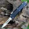 CobraTec Black FS-X OTF Knife CTKSBLKFS-XSDAG2SS, 2.75" D2 Steel Dagger Serrated Blade, Black Aluminum Handle
